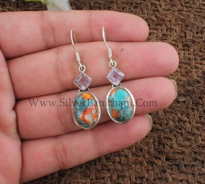925 Sterling Solid Silver Earrings | Amethyst & Oyster Copper Turquoise Silver Earrings | Women Silver Earrings Handmade Women Earring Gift