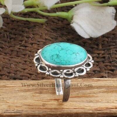 Tibetan Turquoise Gemstone Ring* Oval Design Cabochon Stone Ring* Solid Silver Ring* Wonderful Gift Item For Women's* Jewelry-Healing2022