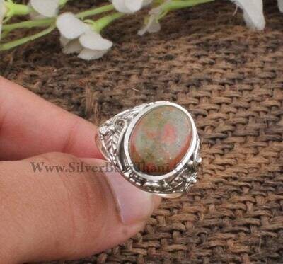 Unakite Ring-Oval Cabochon Stone Ring-Three Leaf Design Silver Ring-925 Sterling Silver Ring-Lovely Stone Ring-Scorpio Jewelry-Christmas2022