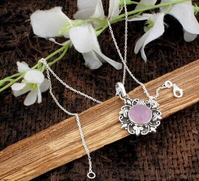 Amazing Pink Calci Gemstone Necklace Pendant | 925 Sterling Silver Round Faceted Cut Stone Necklace | Designer Handmade Wedding Jewelry | Gifts For Her