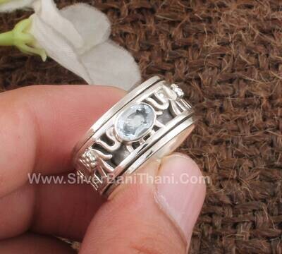 Blue Topaz Oval Gemstone Spinner Band Ring - 925 Sterling Silver Elephants Spin Ring - Thumb Ring Handmade Meditation Ring For Gift
