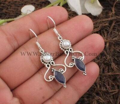 Blue Sapphire & Pearl Silver Earrings | 925 Sterling Solid Silver Earrings | Designer Gemstone Earrings | Women Jewelry | Birthstone Earring