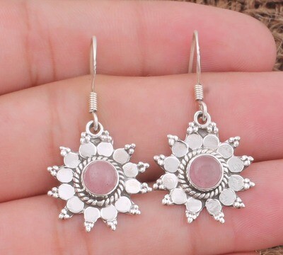 925 Sterling Solid Silver Pink Jade Silver Earrings | Handmade Designer Round Gemstone Flower Earrings | Birthday Silver JewelryMother's Day