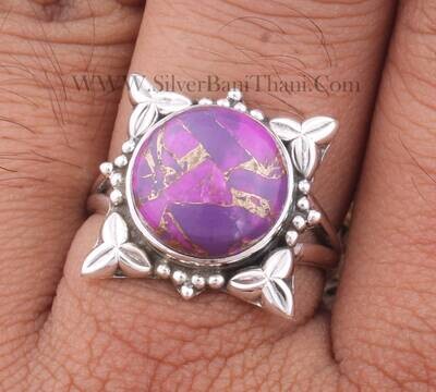 Flower Design Purple Copper Turquoise Round Gemstone Silver Ring | Solid 925 Sterling Carved Silver Ring | Handmade Women Wedding Ring For Anniversary Gifts Her