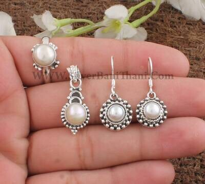 925 Sterling Silver Pearl Gemstone Jewelry For Women| Designer Round Gemstone Silver Jewelry Set | Handmade Bridal Wedding Jewelry Gift Idea
