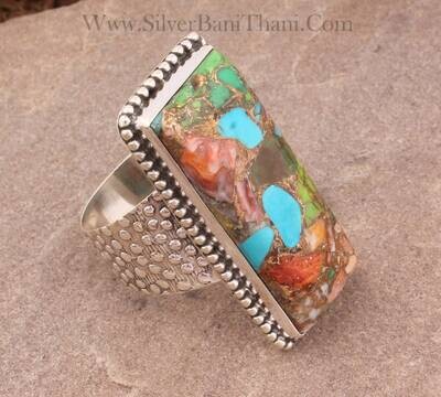 Copper Turquoise Rectangle Bar Gemstone Textured Silver Ring 925 Sterling Silver Ring Turquoise Band Ring Copper Ring For Women Weddings Gifts Idea