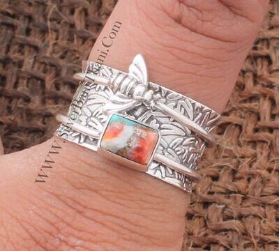 Honey Bee Oyster Copper Turquoise Spinner Ring 925 Sterling Silver Rectangle Bar Spinner Ring Designer Hand Carved Leaves Silver Ring Gift