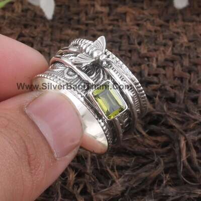 Natural Peridot Silver Spinner Ring 925 Sterling Silver Faceted Cut Peridot Spinner Ring Designer Hand Carved Honey Bee Silver Ring Gift