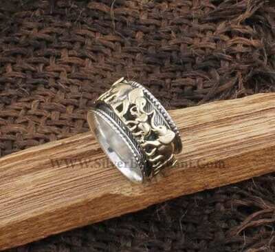 925 Sterling Silver &amp; Brass Elephants Family Spinner Ring | Designer Handmade Carved Meditation Ring | Women Wedding Jewelry | Gift For Her