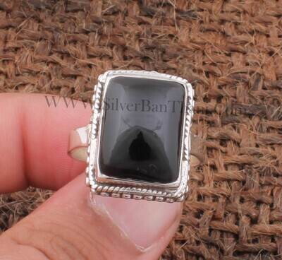 Black Onyx Silver Ring | 925 Sterling Solid Silver Ring | Lucifer Elongated Cushion Gemstone Ring | Everyday Jewelry Present For Her