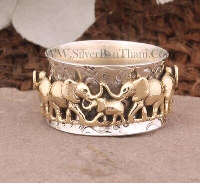 925 Sterling Silver &amp; Brass Elephants Family Spinner Ring | Designer Handmade Flower Carved Meditation Ring | Boho Thumb Ring | Fidget Ring