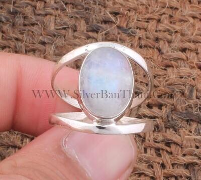Rainbow Moonstone Oval Shape Gemstone Silver Ring | 925 Sterling Silver Ring | Handmade Dual Band Ring | Women's Rings For Gift Idea