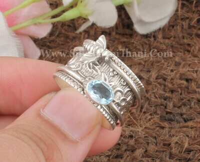 Natural Blue Topaz Silver Spinner Ring | 925 Sterling Silver Faceted Cut Topaz Spinner Ring |Designer Hand Carved Honey Bee Silver Ring Gift
