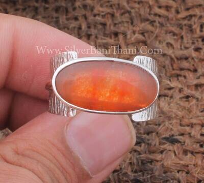 Two Tone Carnelian Gemstone Silver Textured Band Ring | 925 Sterling Silver Oval Stone Ring | Handmade Women Silver Jewelry GiftMother's Day