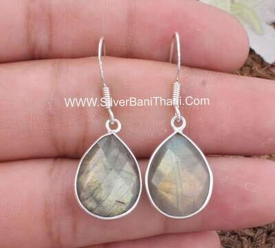 925 Sterling Solid Silver  Labradorite Silver Earrings | Pear Checker Cut Stone Earrings | Handmade Bezel Set Jewelry | Women Earring