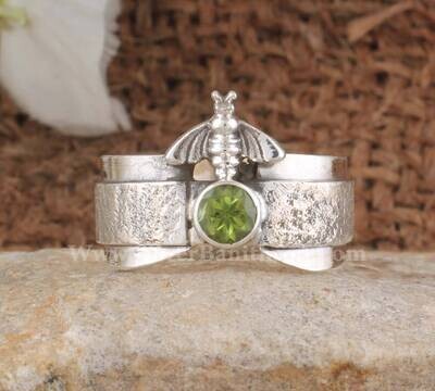 Peridot Gemstone Silver Ring | 925 Sterling Silver Round Cut Stone Ring | Textured Silver Ring | Honey Bee Silver Jewelry For Gift