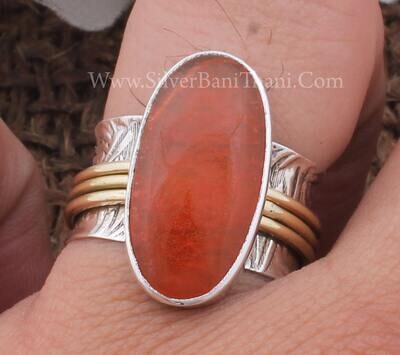 Engraved Two Tone Carnelian Jade Gemstone Silver Spinner Ring 925 Sterling Silver Oval Shape Gemstone Ring Handmade Women Silver Gift Idea