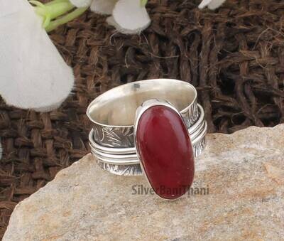 925 Sterling Silver Red Jade Spinner Ring | Designer Handmade Carved Silver Meditation Ring | Women Jewelry | Valentine's Day Gift For Her