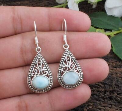 Larimar Gemstone Earring-925 Sterling Silver Earring-Pear Shape Vine Design Silver Earring-Oval Stone Earring-Gemstone Healing-Etsy
