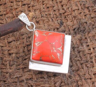 Squire Orange Copper Turquoise Gemstone Silver Pendant | 925 Sterling Silver Gemstone Pendant | Designer Handmade Pendant Girls Gift Jewelry