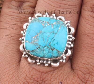 AAA+Quality Flower Silver Blue Copper Turquoise Cushion Shape Gemstone Silver Ring 925 Sterling Solid Silver Ring Handmade Silver Ring Gift For Idea AAA+Quality Flower Silver Blue Copper Turquoise Cushion Shape Gemstone Silver Ring 925 Sterling Solid Silver Ring Handmade Silver Ring Gift For Idea