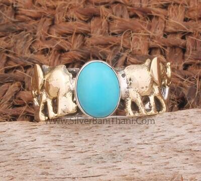 Turquoise Oval Shape Gemstone Silver Ring | 925 Sterling Solid Silver & Brass Ring | Handmade Two Elephants Silver Ring For Women Jewelry