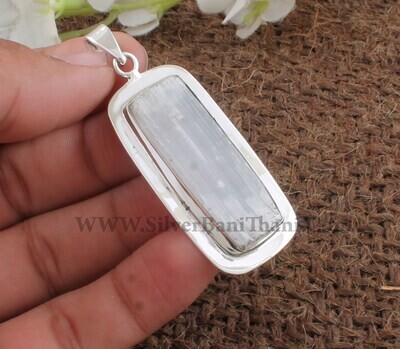 925 Sterling Silver  Selenite Bar Shape Stone Necklace Pendant | Designer Handmade Pendant | Present For Her | Wedding Jewelry Gift.