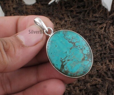 Tibetan Turquoise Oval Shape Gemstone Pendant | 925 Sterling Silver Pendant | Designer Handmade Pendant | Girls Valentine's Day Gift Jewelry