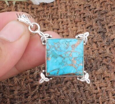 Blue Copper Turquoise Gemstone Pendant - 925 Sterling Silver Pendant - Designer Handmade Silver Pendant Necklace - Wedding Jewelry For Women Gifts Her