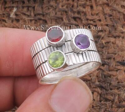 Three Gemstone Solid 925 Sterling Silver Ring For Women Handmade Textured Solid Silver Fancy Band Ring Multi Gemstone Ring Birthday Jewelry