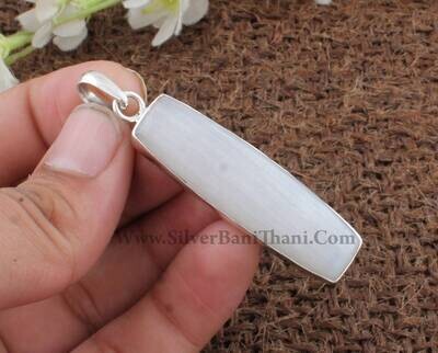 925 Sterling Silver  Selenite Bar Shape Stone Necklace Pendant | Designer Handmade Pendant | Present For Her | Wedding Jewelry Gift