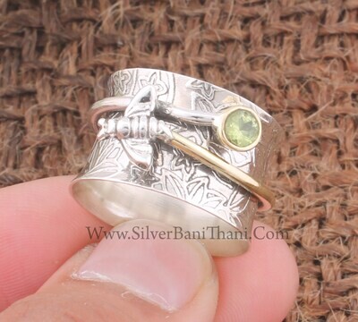 Peridot Gemstone Silver Spinner Ring | 925 Sterling Silver &amp; Brass Faceted Cut Peridot Spinner Ring | Hand Carved Honey Bee Silver Ring Gift