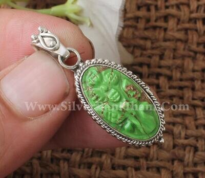 Green Copper Turquoise Gemstone Silver Necklace Pendant | 925 Sterling Silver Oval Shape Pendant | Mughal Carving Jewelry For Women Gift2022