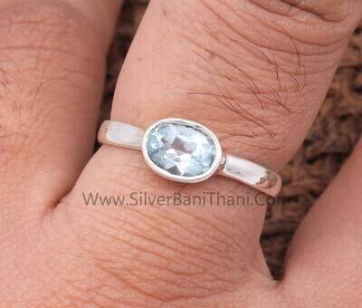 Blue Topaz Solid 925 Sterling Silver Ring For Women | Handmade Topaz Oval Cut Solid Silver Band Ring For Wedding Anniversary Gifts