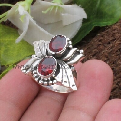 Two Stone Ring- Red Garnet Top Quality Gemstone Ring-Heavy Ring 925 Sterling Solid Silver Ring-Two Cut Stone Middle Finger Ring2022