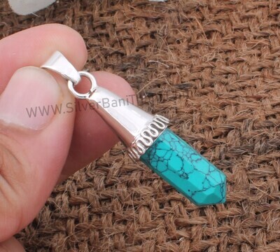 Turquoise Gemstone Silver Necklace Pendant | 925 Sterling Silver Pencil Shape Pendant | Designer Handmade Bridal Wedding Jewelry | Gift Idea