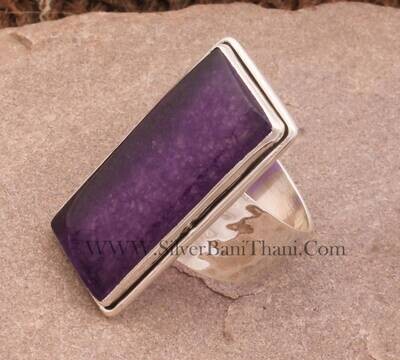 Violet Jade Long Bar Gemstone Solid 925 Sterling Silver Ring For Women, Handmade Rectangle Textured Hammered Band Ring Gifts Idea For Her