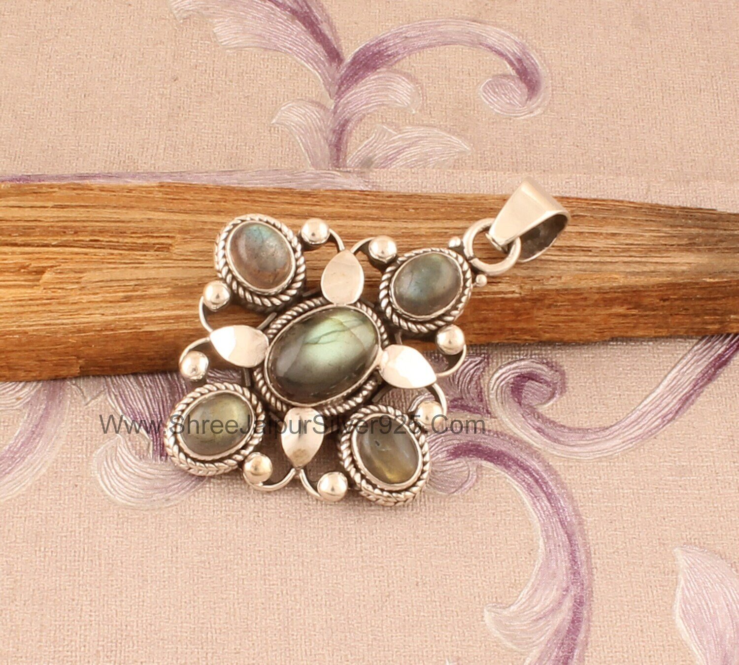 Natural Labradorite Solid 925 Sterling Silver Necklace Pendant For Women, Handmade Four Stones Pendant For Wedding Anniversary Gift For Her