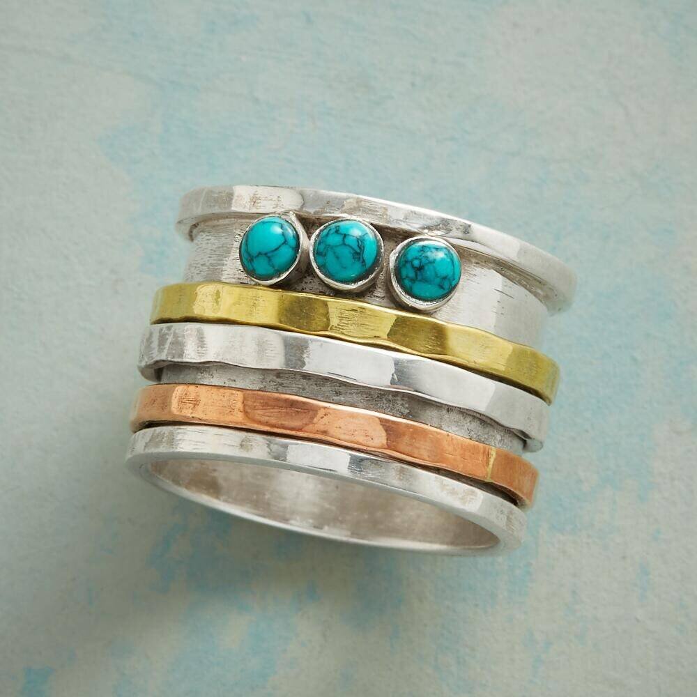 Beautiful Composite Turquoise Gemstone Three Tone Ring Cabochon Stone Boho Ring Textured Spinner Meditation Ring L# -284035-RBirthstone