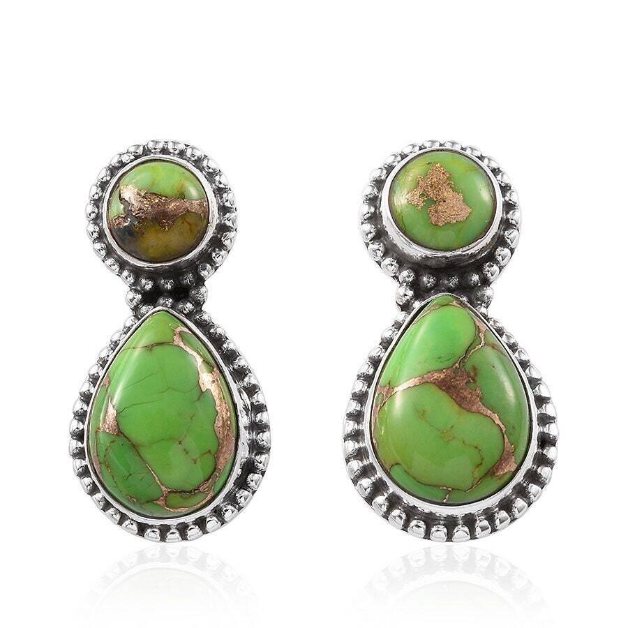 925 Sterling Solid Silver Earrings, Green Copper Turquoise Gemstones Earrings, Opaque With Cabochon Stone Boho Earrings, Handmade Earrings