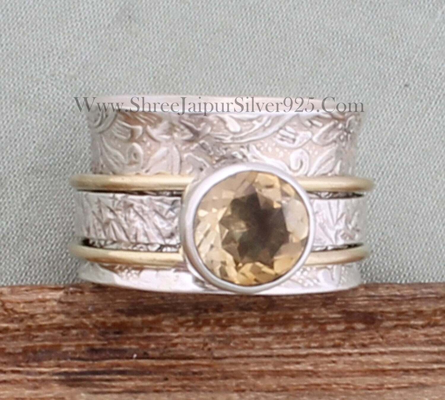 Natural Citrine 925 Sterling Silver Engraved Band Spinner Ring For Women, Handmade Two Tone Meditation Ring, Silver Anxiety Bridesmaid Ring