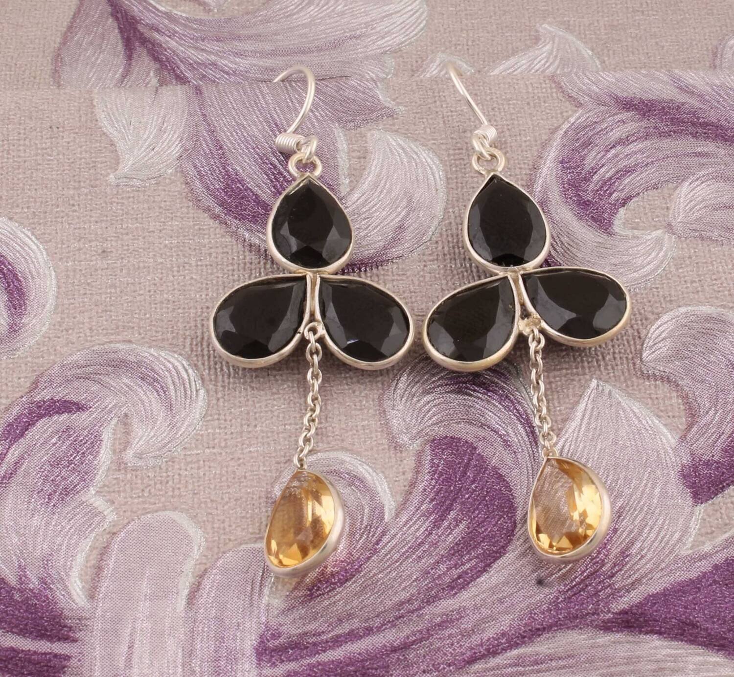 Black Onyx &amp; Citrine Bezel Set Solid 925 Sterling Silver Earrings For Women, Handmade Four Stone Long Chain Earrings For Wedding Anniversary