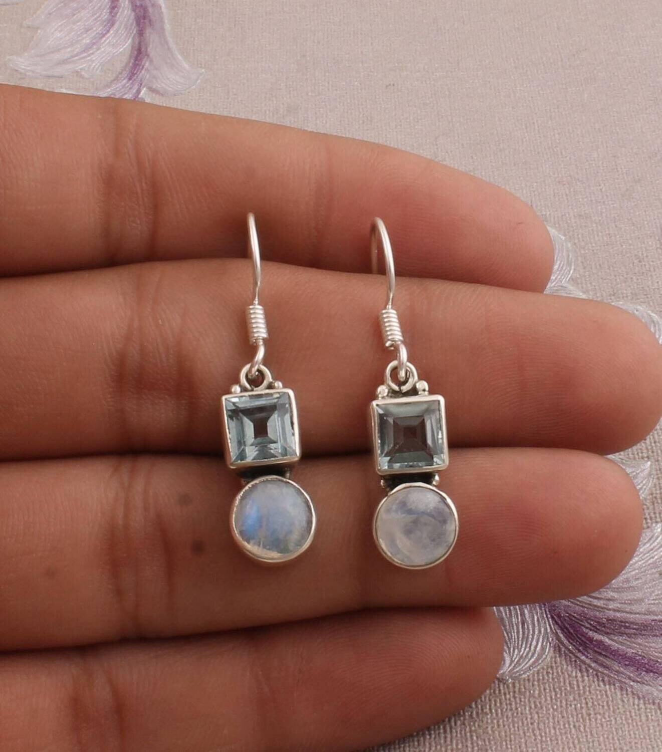 Blue Topaz With Rainbow Moonstone Gemstone Earring Cabochon Boho Handmade Earring 925-Sterling Solid Silver Earring,Bride Earring For Sister