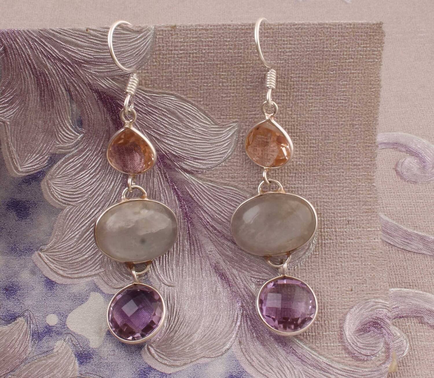 Combo Gemstone Earring Citrine+Peach Moonstone+Amethyst Gemstone Earring 925-Sterling Silver Earring Big Size Earring Gift For Her Earring
