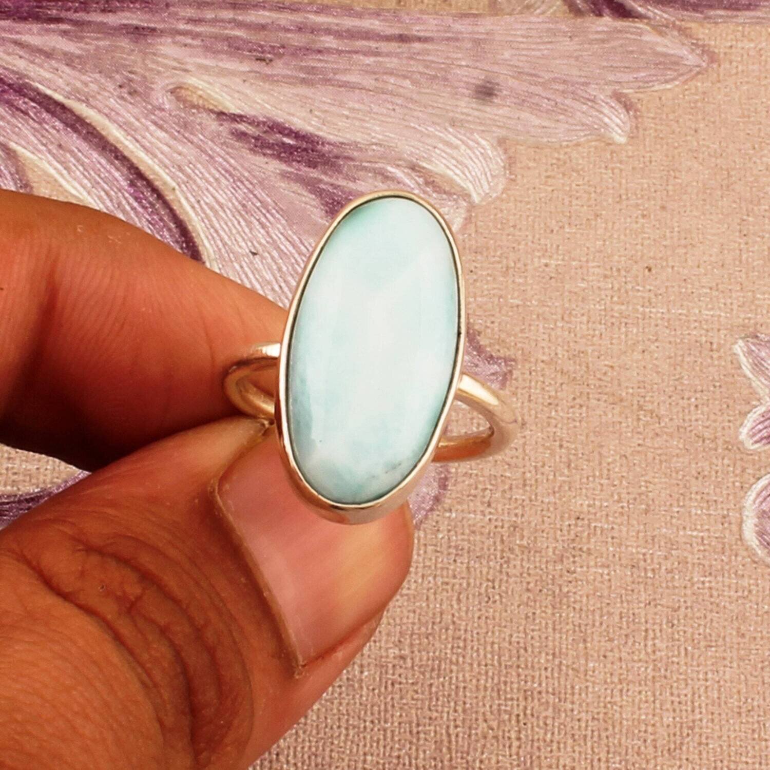 Natural Amazing Larimar AAA+Quality Gemstone Ring 925-Silver Sterling Ring Handmade Ring (Middle Finger Ring )And Engagement RingCyber2021