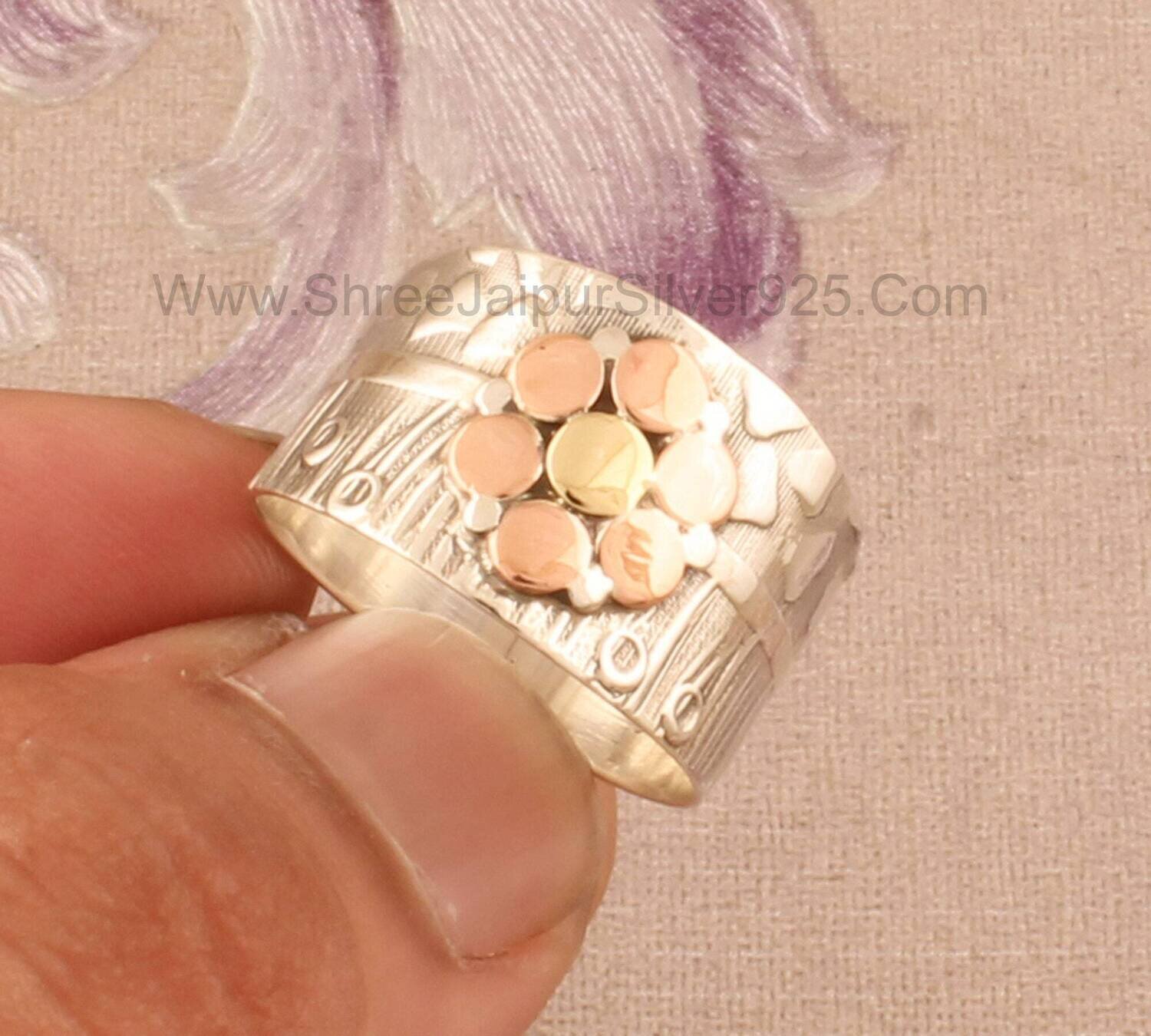 Boho Hand Carved Band Three Tone Band Ring, 925 Sterling Silver &amp; Brass Floral Thumb Band Ring, Present For Her Handmade Engraved Band Ring