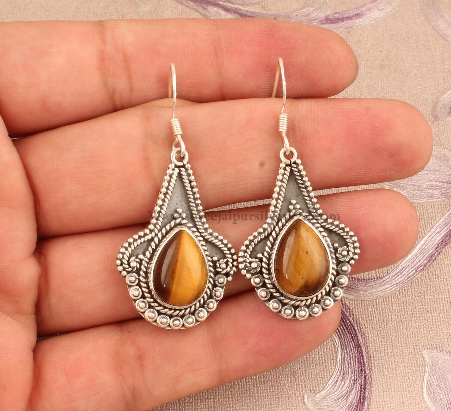 Natural Tiger Eye Solid 925 Sterling Silver Earrings For Women, Handmade Engraved Indian Design Earrings For Wedding Anniversary Gift Idea