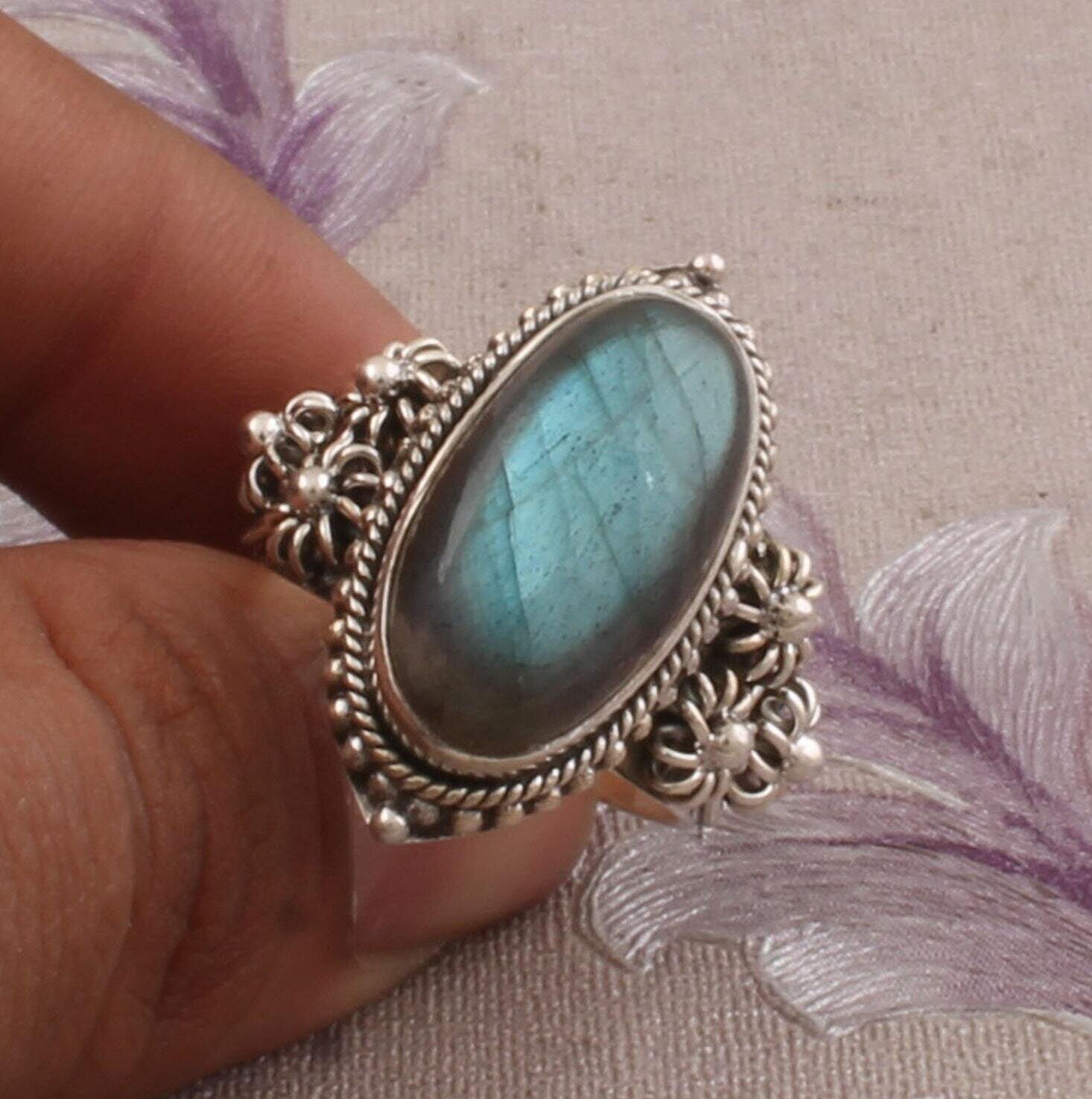 Amazing Labradorite Gemstone Ring 925 Sterling Solid Silver Ring,Top Quality Cabochon Multi Fire Ring,Very Heavy Work,Middle Finger Ring