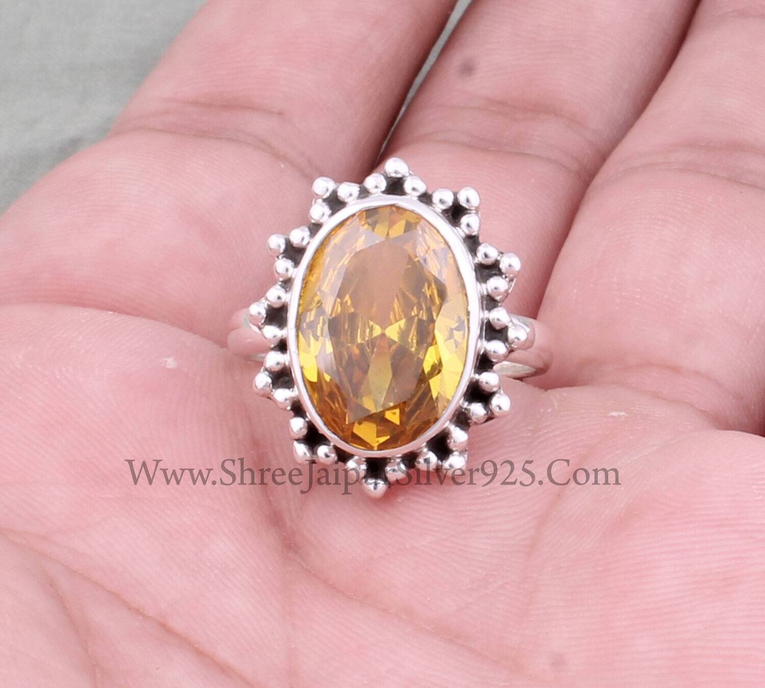 Citrine Yellow Cubic Zirconia Solid 925 Sterling Silver Ring For Women, Handmade Oval Cut Gemstone Silver Flower Ring Gifts For Anniversary