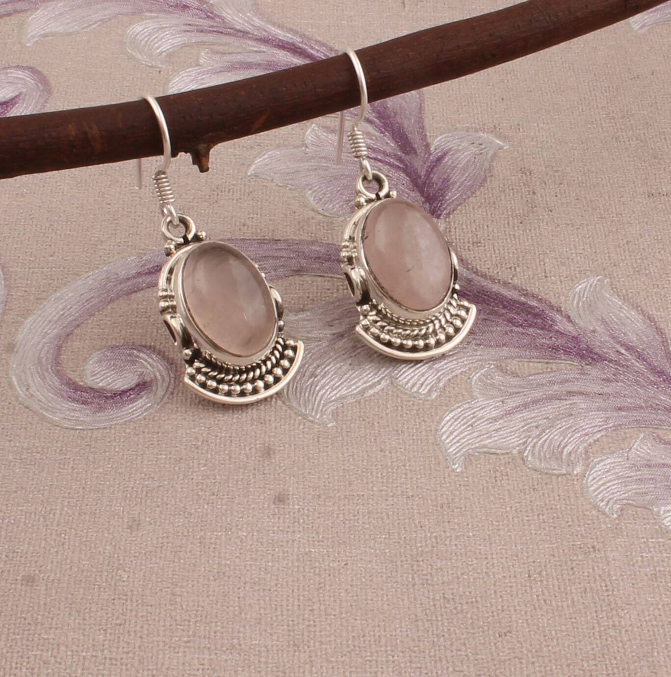 Rose Quartz Gemstone Earring, 925 Sterling Silver Earrings For Etsy Boho Pink Oval Gemstone,Birthday Gift Earring For Sis Wedding Gift